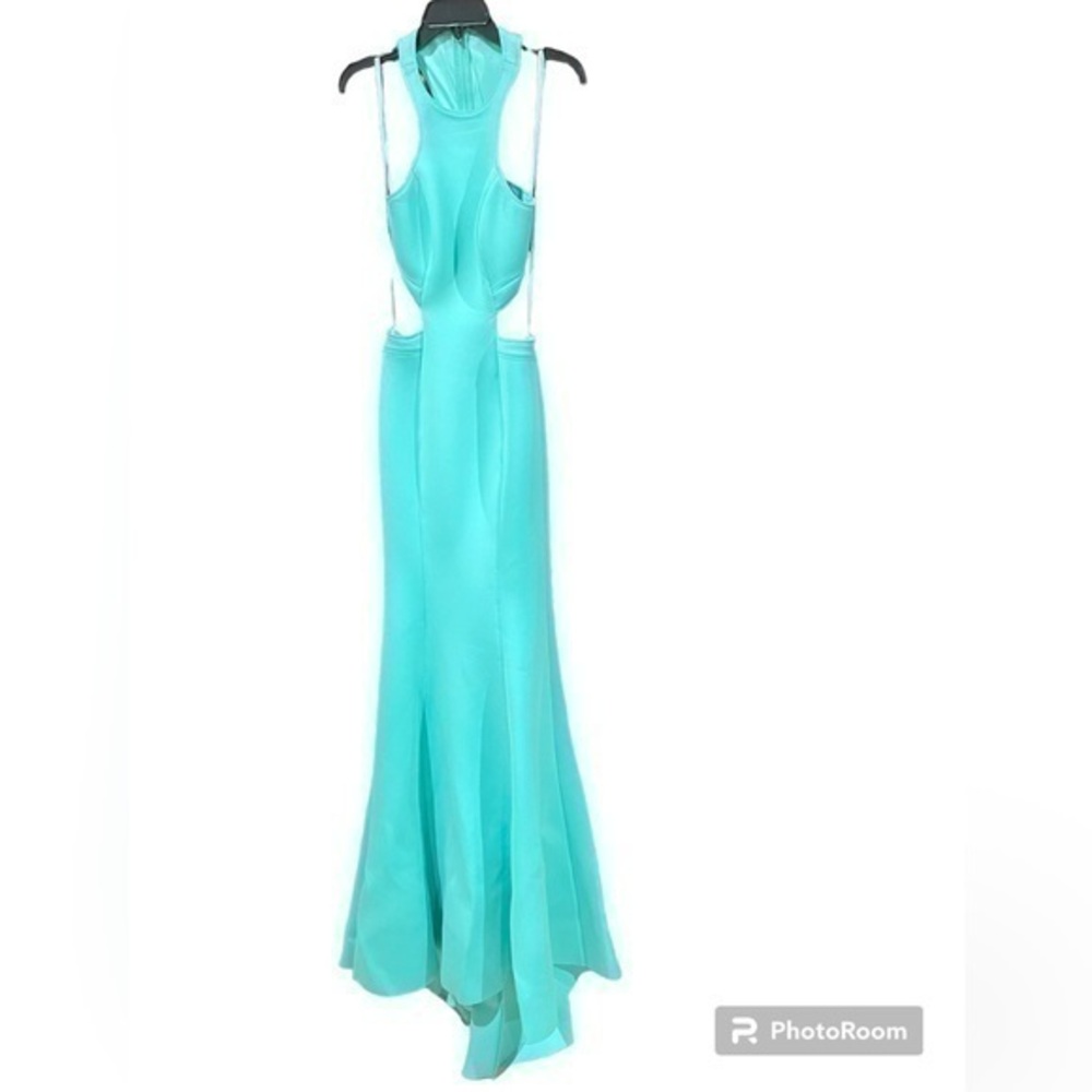 LA FEMME Aquamarine Neoprene High Neck Gown